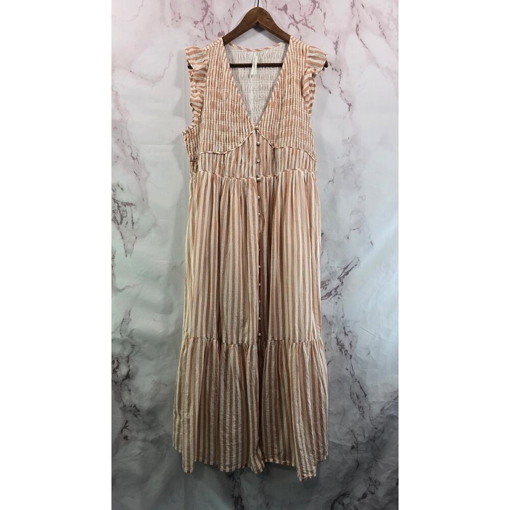 By Anthropologie Dress Womens 1X Pink White Stripe Smocked Midi Flutter